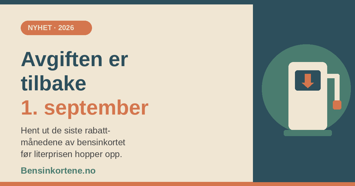 Bensinpumpe og kalender som teller ned mot 1. september, da veibruksavgiften på drivstoff er tilbake
