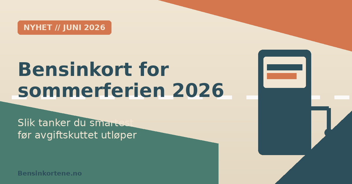 Familie pakker bilen til sommerferie ved en norsk bensinstasjon med lavt prisskilt sommeren 2026