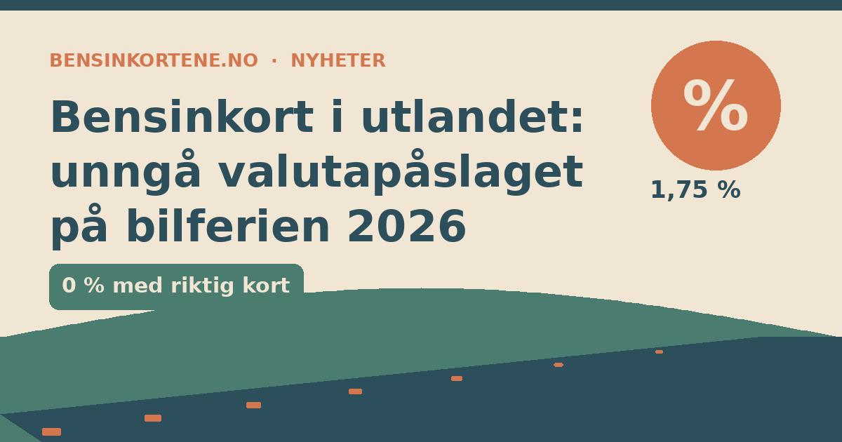 Bil på europeisk motorvei med norsk skilt, et betalingskort og et prosent-symbol som illustrerer valutapåslag på bensinkort i utlandet sommeren 2026